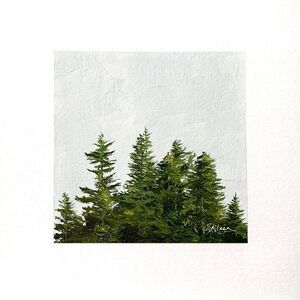8x8 PNW Original Oil Painting Landscape Pine Trees Nature Forest Minimal Signed